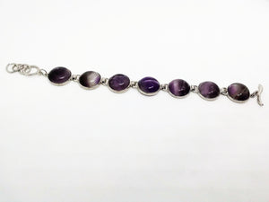 Gemstone Bracelet 7 Stone Amethyst Link Bracelet 7 3/4" length Brass Toggle Clasp Curvy