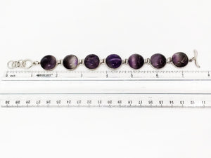 Gemstone Bracelet 7 Stone Amethyst Link Bracelet 7 3/4" length Brass Toggle Clasp Curvy