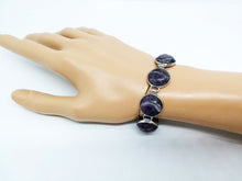 Load image into Gallery viewer, Gemstone Bracelet 7 Stone Amethyst Link Bracelet 7 3/4&quot; length Brass Toggle Clasp Curvy