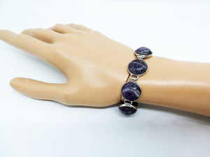 Gemstone Bracelet 7 Stone Amethyst Link Bracelet 7 3/4" length Brass Toggle Clasp Curvy