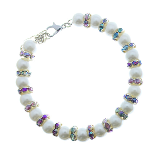 Bracelet Memory Wire Bracelet Beaded White with Rhinestones, Clasp and Chain JWL-BMWBCC-WRCAB - Free Shipping