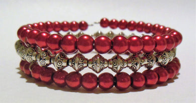 Bracelet Memory Wire Bracelet 3-Layer Beaded Red Silver - Free Shipping