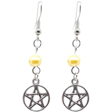 Load image into Gallery viewer, Celtic Gothic Halloween Pagan Wicca Wiccan Pentacle Charm Beaded with Silver Plated Metal Ear Hook Dangle Earrings