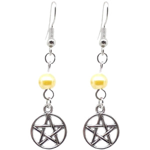 Celtic Gothic Halloween Pagan Wicca Wiccan Pentacle Charm Beaded with Silver Plated Metal Ear Hook Dangle Earrings