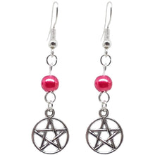 Load image into Gallery viewer, Celtic Gothic Halloween Pagan Wicca Wiccan Pentacle Charm Beaded with Silver Plated Metal Ear Hook Dangle Earrings