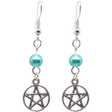 Load image into Gallery viewer, Celtic Gothic Halloween Pagan Wicca Wiccan Pentacle Charm Beaded with Silver Plated Metal Ear Hook Dangle Earrings