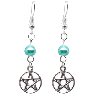 Celtic Gothic Halloween Pagan Wicca Wiccan Pentacle Charm Beaded with Silver Plated Metal Ear Hook Dangle Earrings