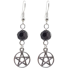 Load image into Gallery viewer, Celtic Gothic Halloween Pagan Wicca Wiccan Pentacle Charm Beaded with Silver Plated Metal Ear Hook Dangle Earrings