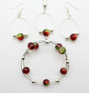 Jewelry Set XMAS-JWL-1014 Red Green Silver 10mm Beads on Wire - Free Shipping