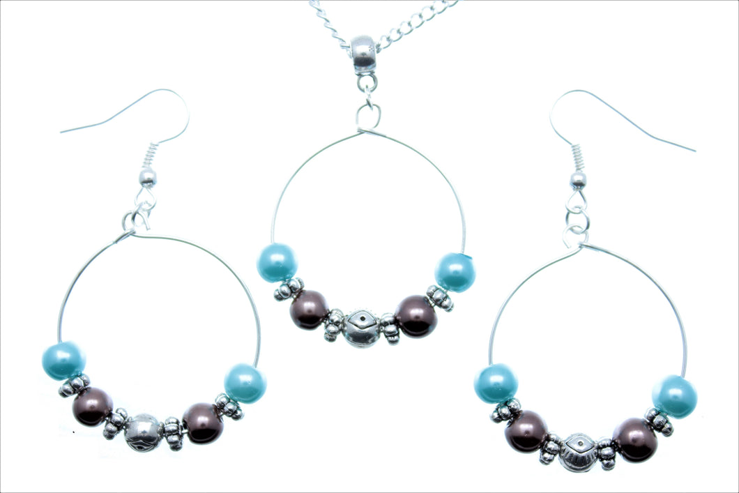 Jewelry Set JWL-SET-1008 Blue Brown Silver 6mm Beads on Wire - Free Shipping