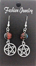 Load image into Gallery viewer, Celtic Gothic Halloween Pagan Wicca Wiccan Pentacle Charm Beaded with Silver Plated Metal Ear Hook Dangle Earrings