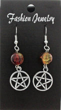 Load image into Gallery viewer, Celtic Gothic Halloween Pagan Wicca Wiccan Pentacle Charm Beaded with Silver Plated Metal Ear Hook Dangle Earrings